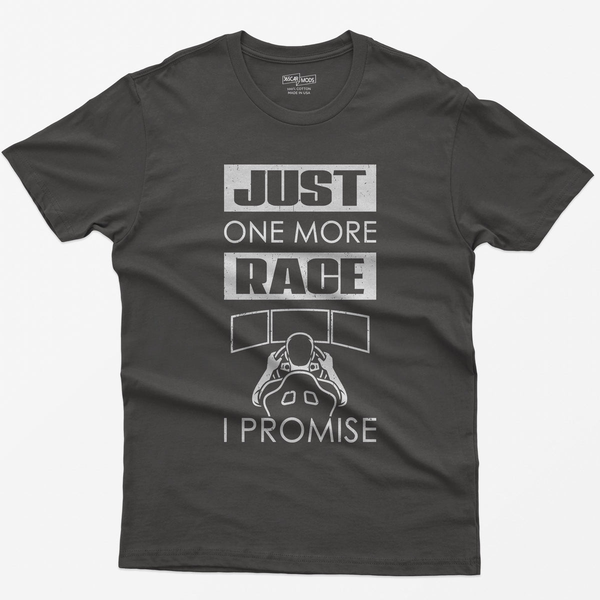 Dark Heather t-shirt with Just One More Race I Promise and a sim racer at a triple monitor racing rig drawn in white