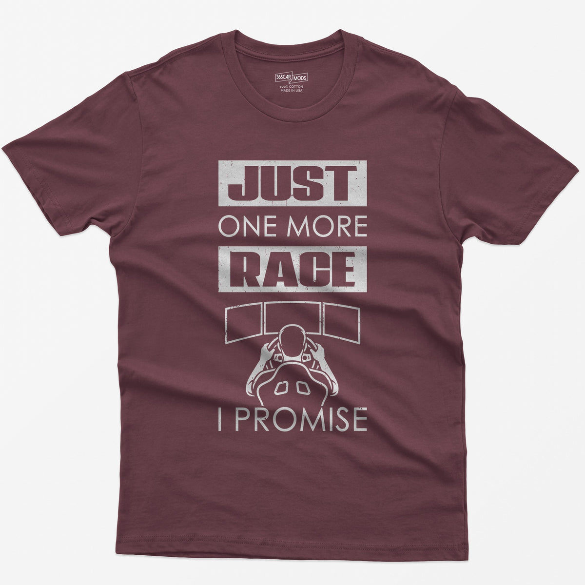 Maroon t-shirt with Just One More Race I Promise and a sim racer at a triple monitor racing rig drawn in white