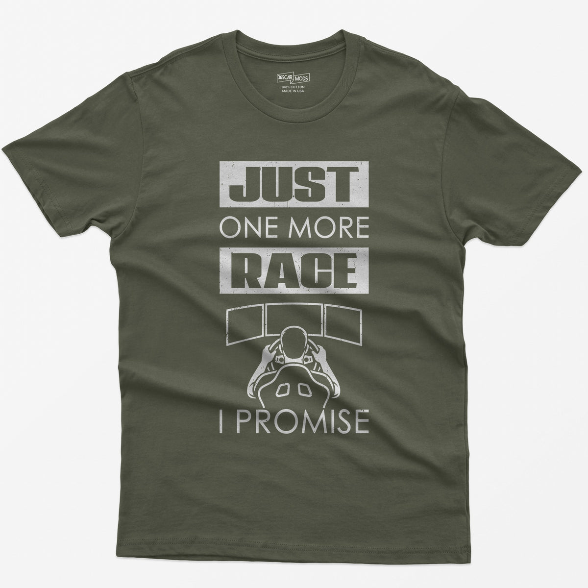 Military Green t-shirt with Just One More Race I Promise and a sim racer at a triple monitor racing rig drawn in white