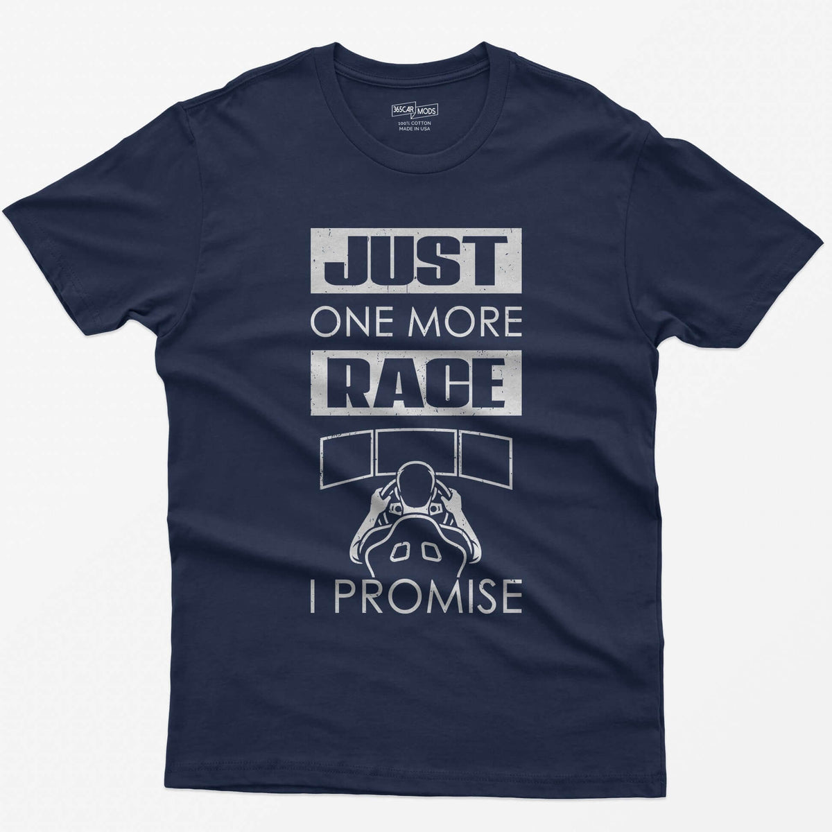 Navy t-shirt with Just One More Race I Promise and a sim racer at a triple monitor racing rig drawn in white