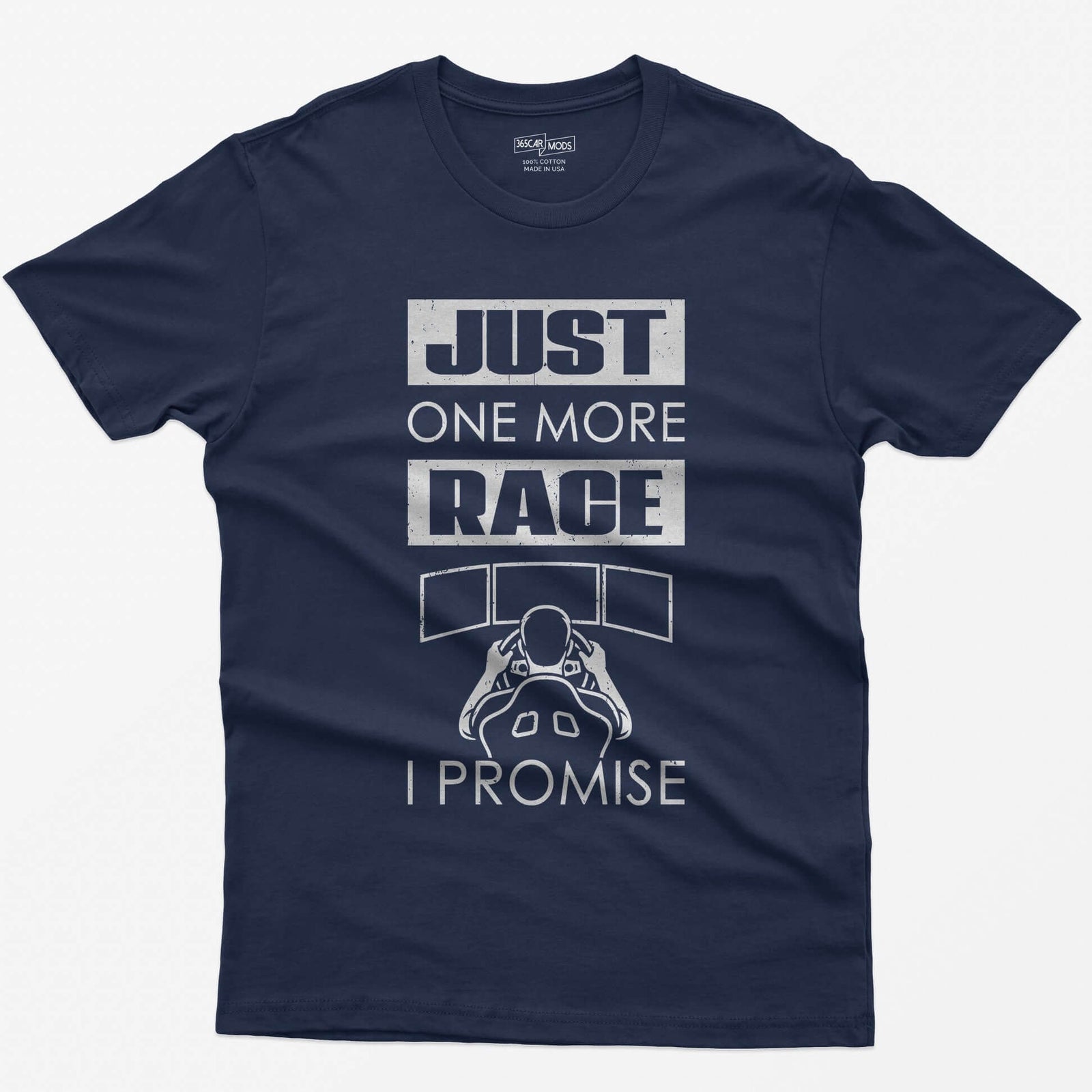 Navy t-shirt with Just One More Race I Promise and a sim racer at a triple monitor racing rig drawn in white