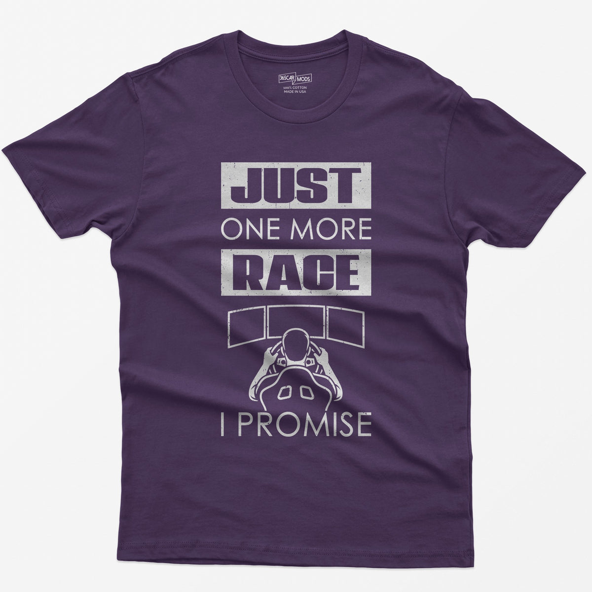Purple t-shirt with Just One More Race I Promise and a sim racer at a triple monitor racing rig drawn in white