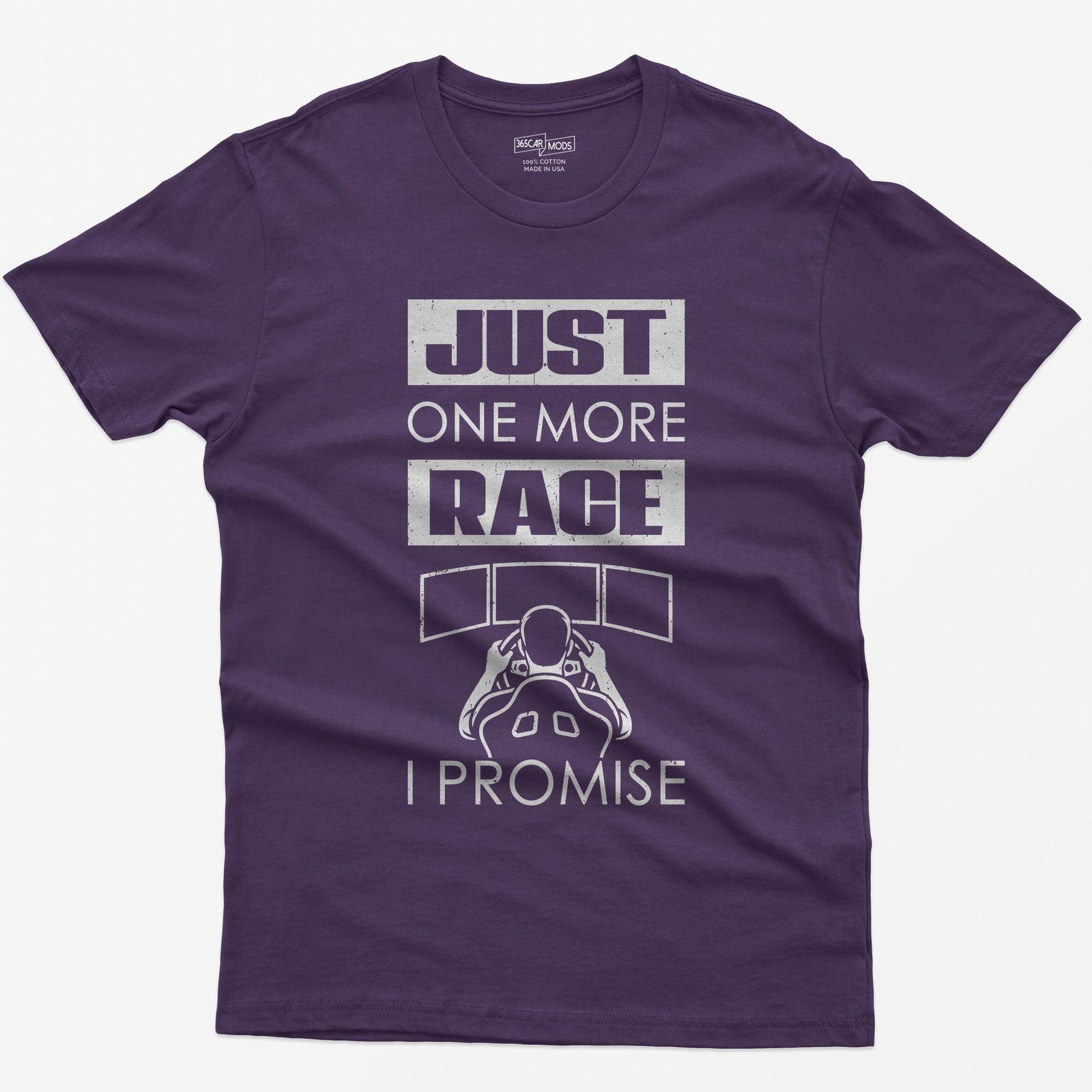 Purple t-shirt with Just One More Race I Promise and a sim racer at a triple monitor racing rig drawn in white
