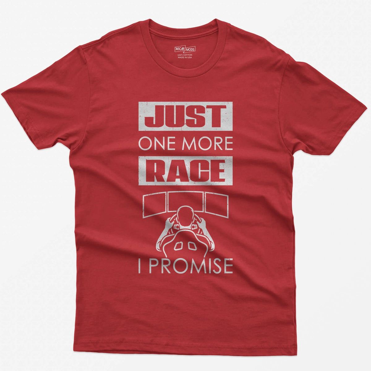 Red t-shirt with Just One More Race I Promise and a sim racer at a triple monitor racing rig drawn in white