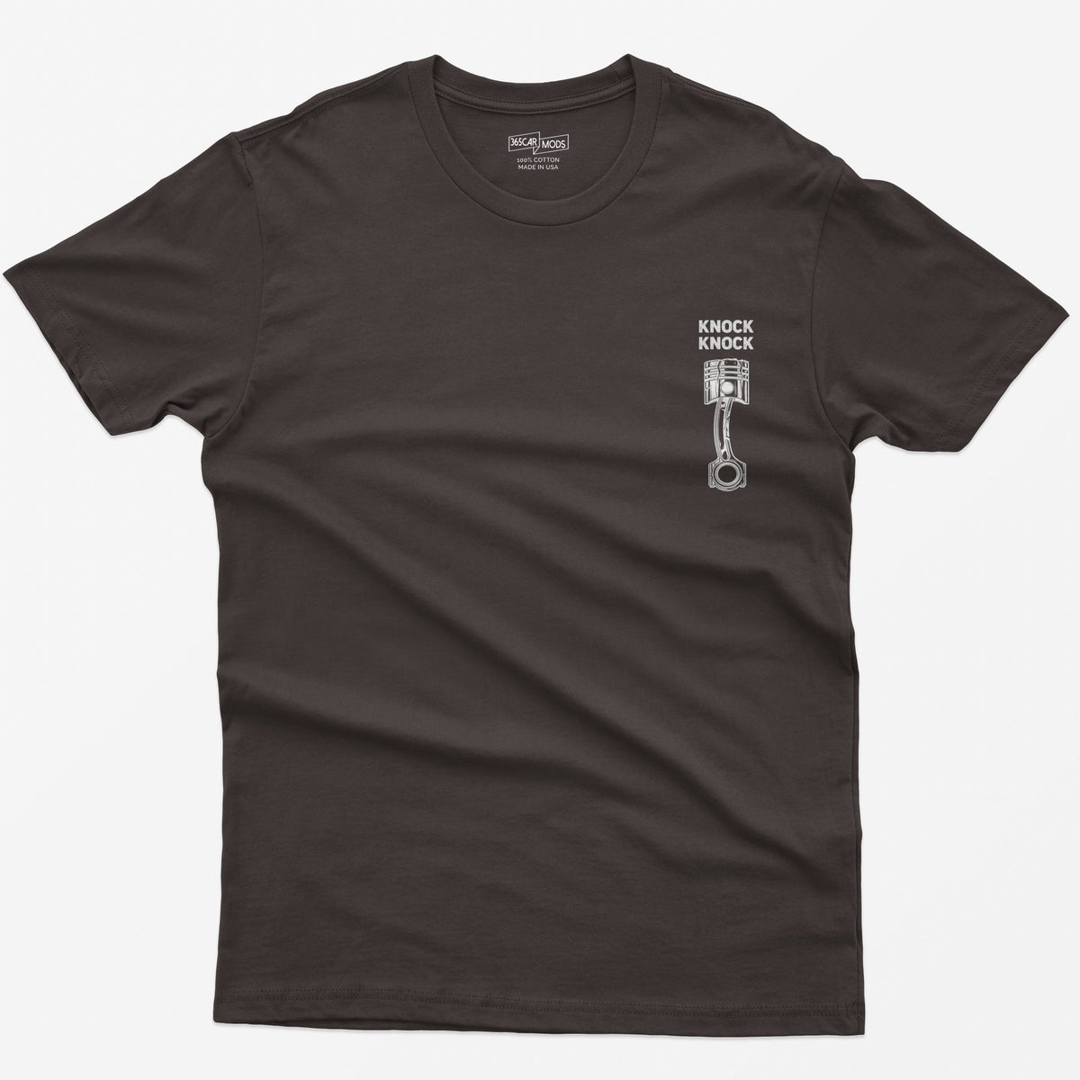 Dark Chocolate t-shirt with Knock Knock text above a white line-art piston and connecting rod with a damaged crown