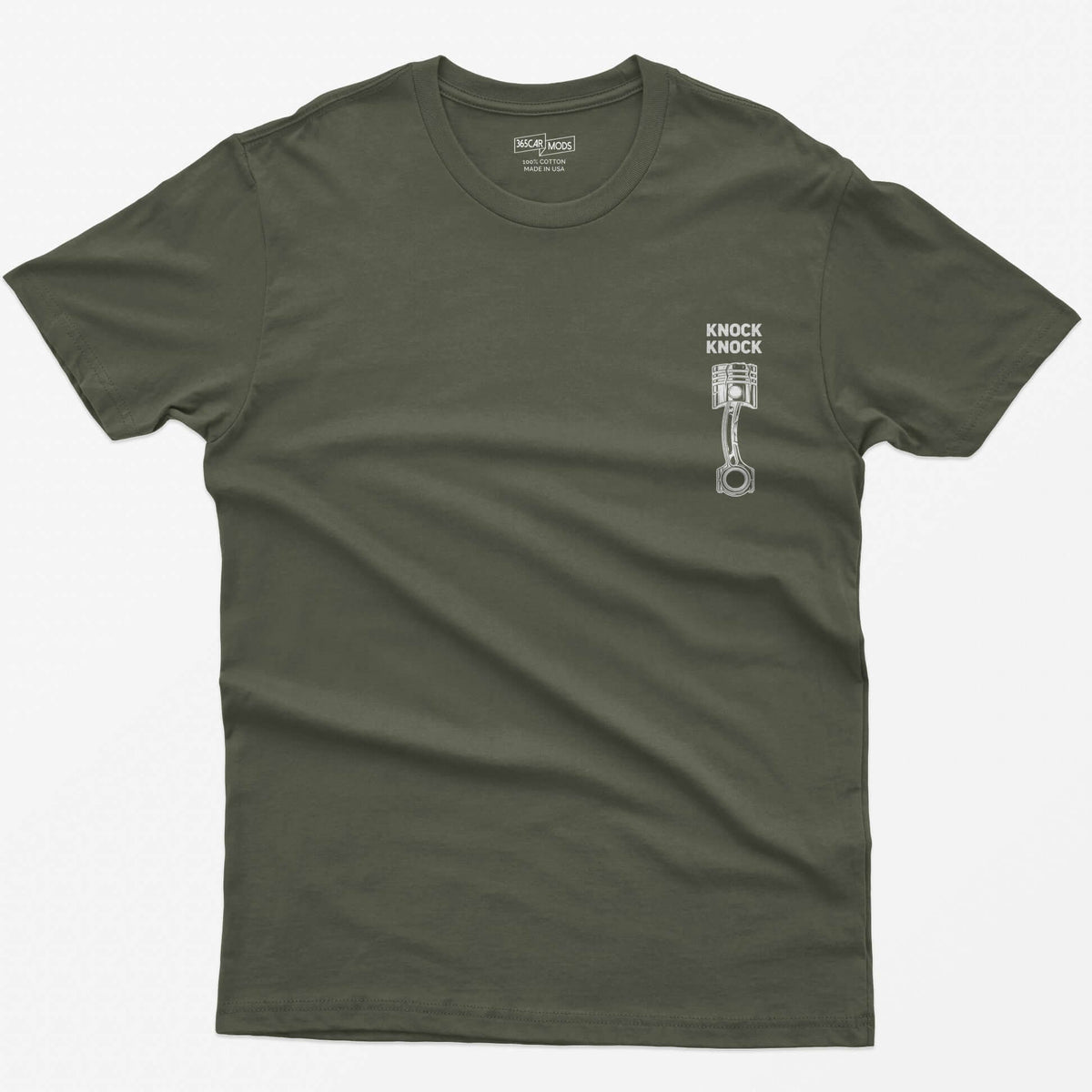 Military Green t-shirt with Knock Knock text above a white line-art piston and connecting rod with a damaged crown