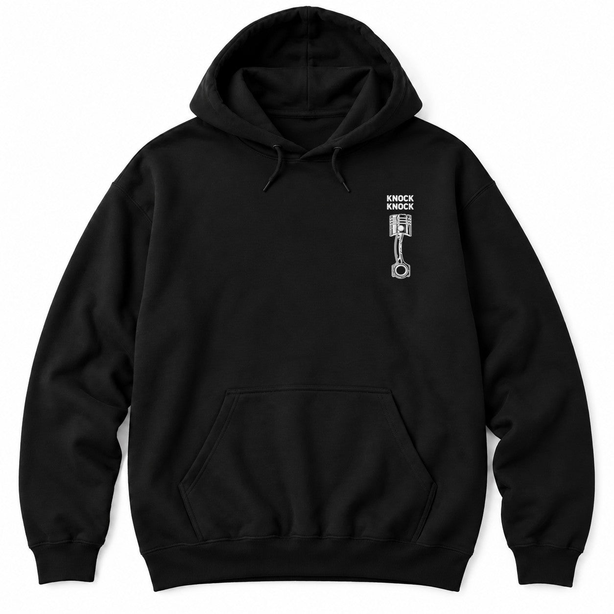 Black hoodie with KNOCK KNOCK above a white piston and connecting rod with a cracked piston crown