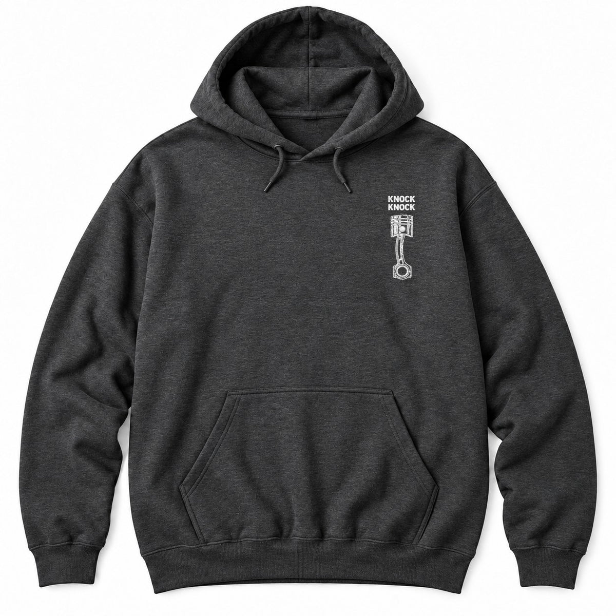 Dark Heather hoodie with KNOCK KNOCK above a white piston and connecting rod with a cracked piston crown