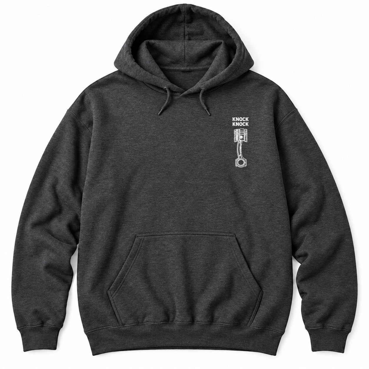 Dark Heather hoodie with KNOCK KNOCK above a white piston and connecting rod with a cracked piston crown