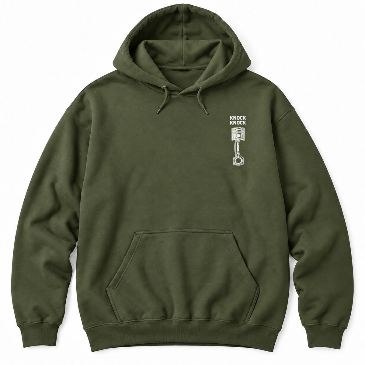 Military Green hoodie with KNOCK KNOCK above a white piston and connecting rod with a cracked piston crown