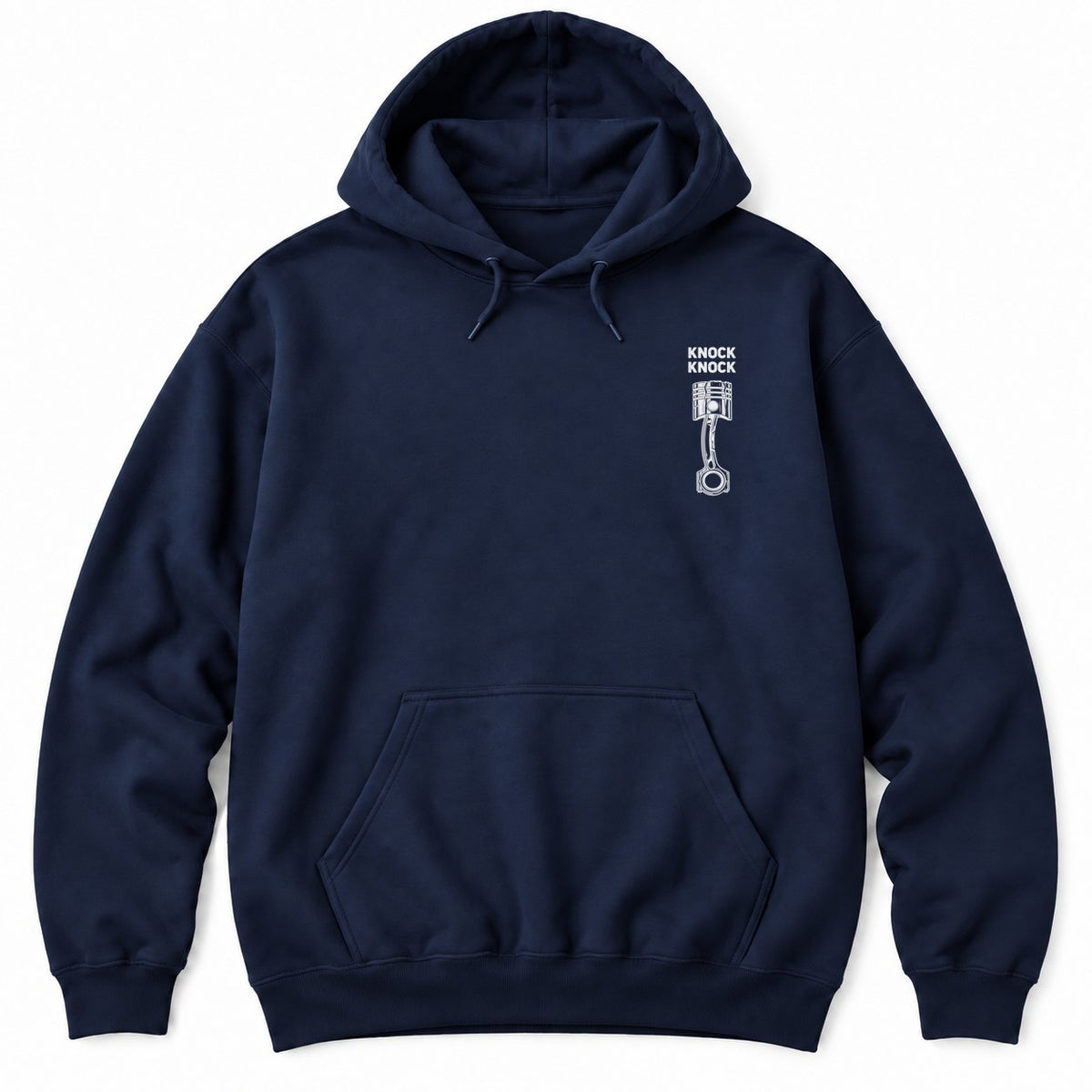 Navy hoodie with KNOCK KNOCK above a white piston and connecting rod with a cracked piston crown