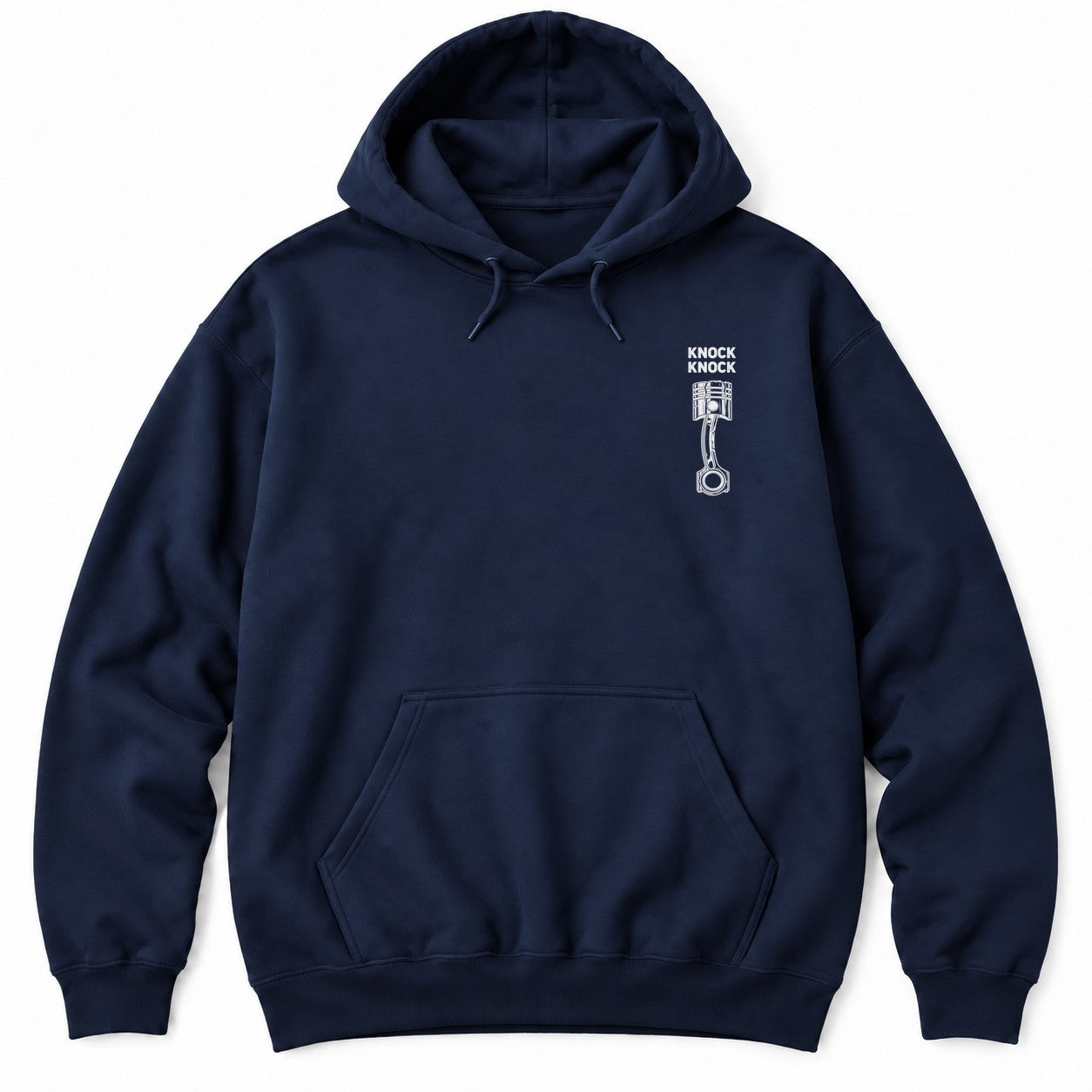 Navy hoodie with KNOCK KNOCK above a white piston and connecting rod with a cracked piston crown