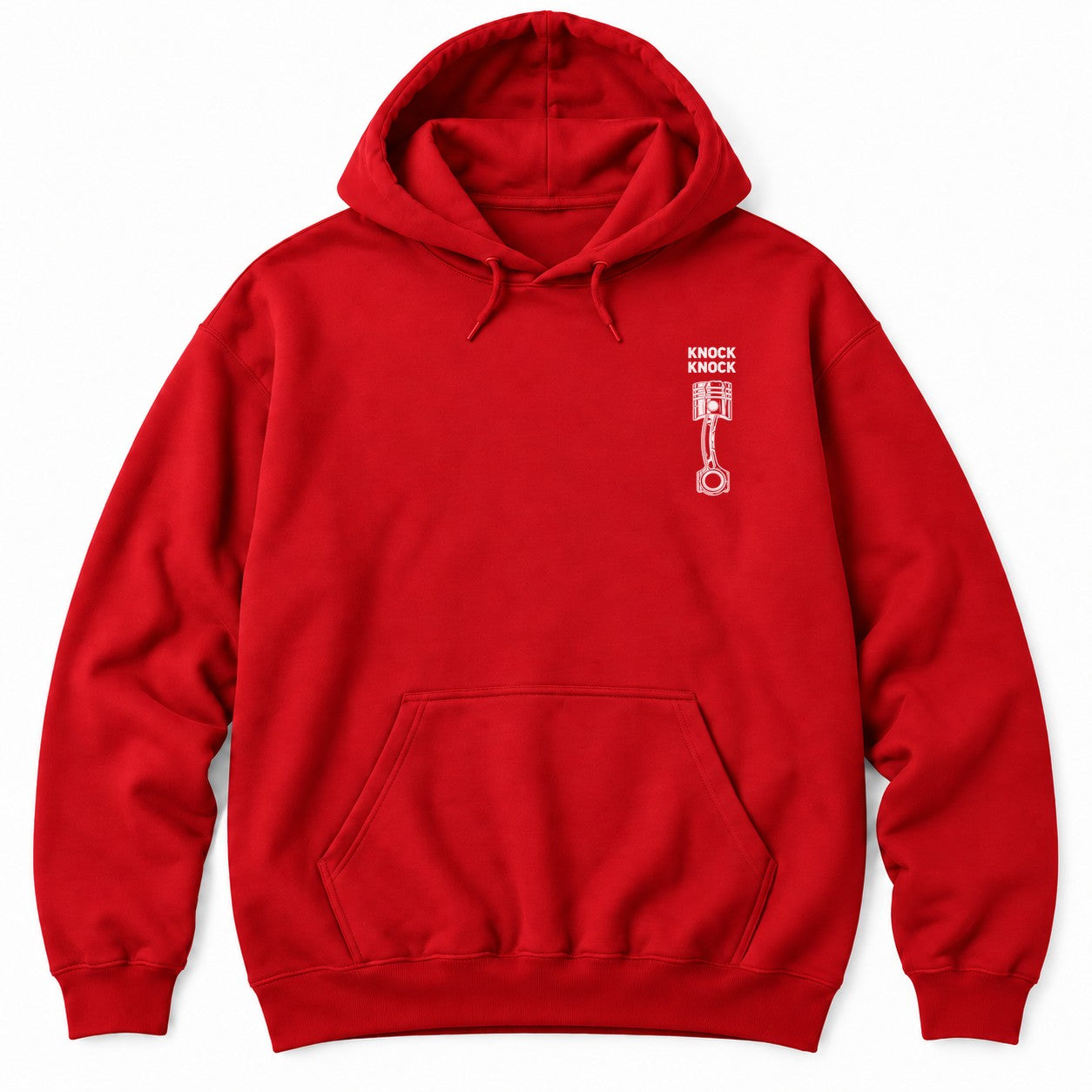Red hoodie with KNOCK KNOCK above a white piston and connecting rod with a cracked piston crown