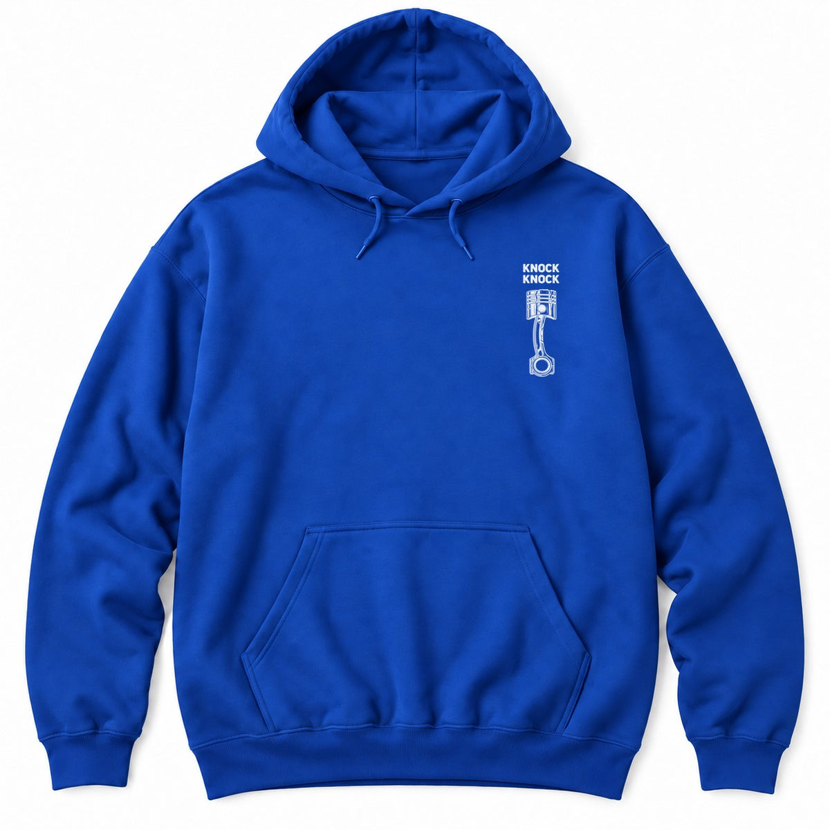 Royal hoodie with KNOCK KNOCK above a white piston and connecting rod with a cracked piston crown