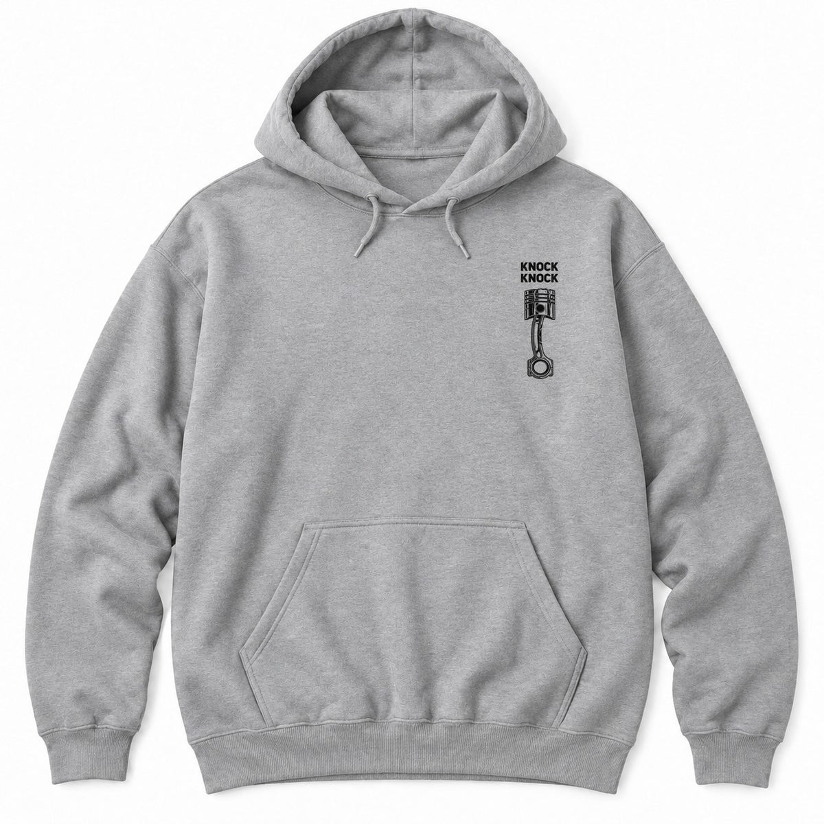 Sport Grey hoodie with KNOCK KNOCK above a white piston and connecting rod with a cracked piston crown