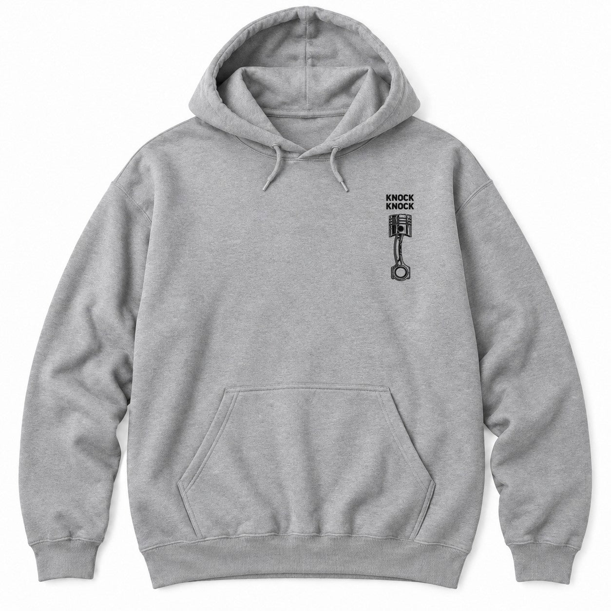 Sport Grey hoodie with KNOCK KNOCK above a white piston and connecting rod with a cracked piston crown