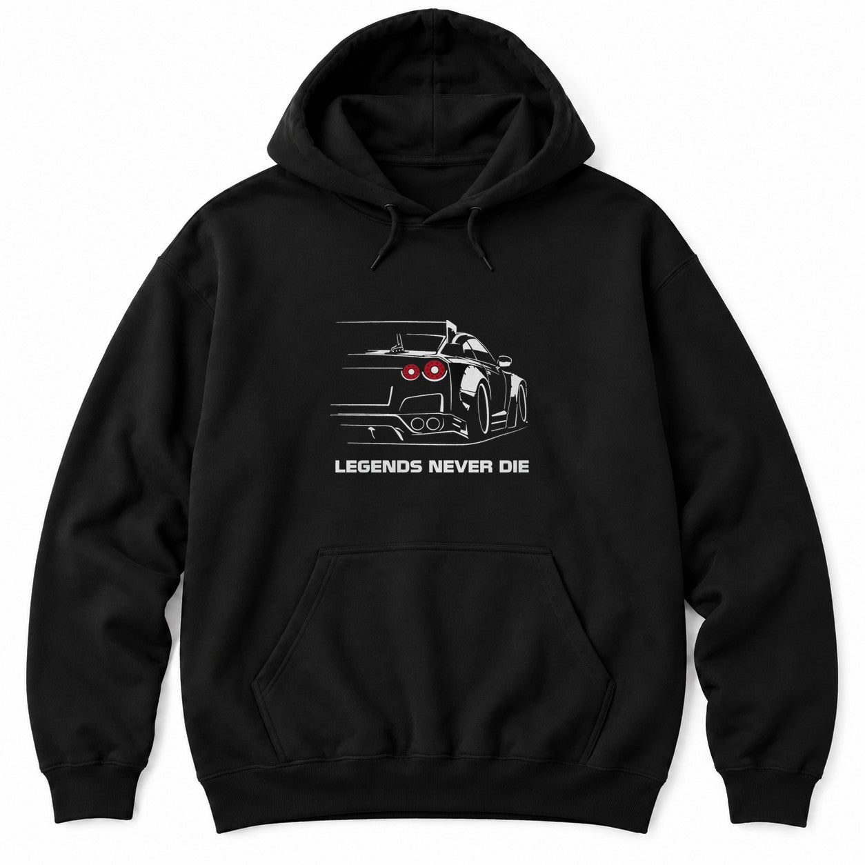 Black hoodie with a white line drawing of a JDM supercar seen from behind with glowing round red tail lights above LEGENDS NEVER DIE