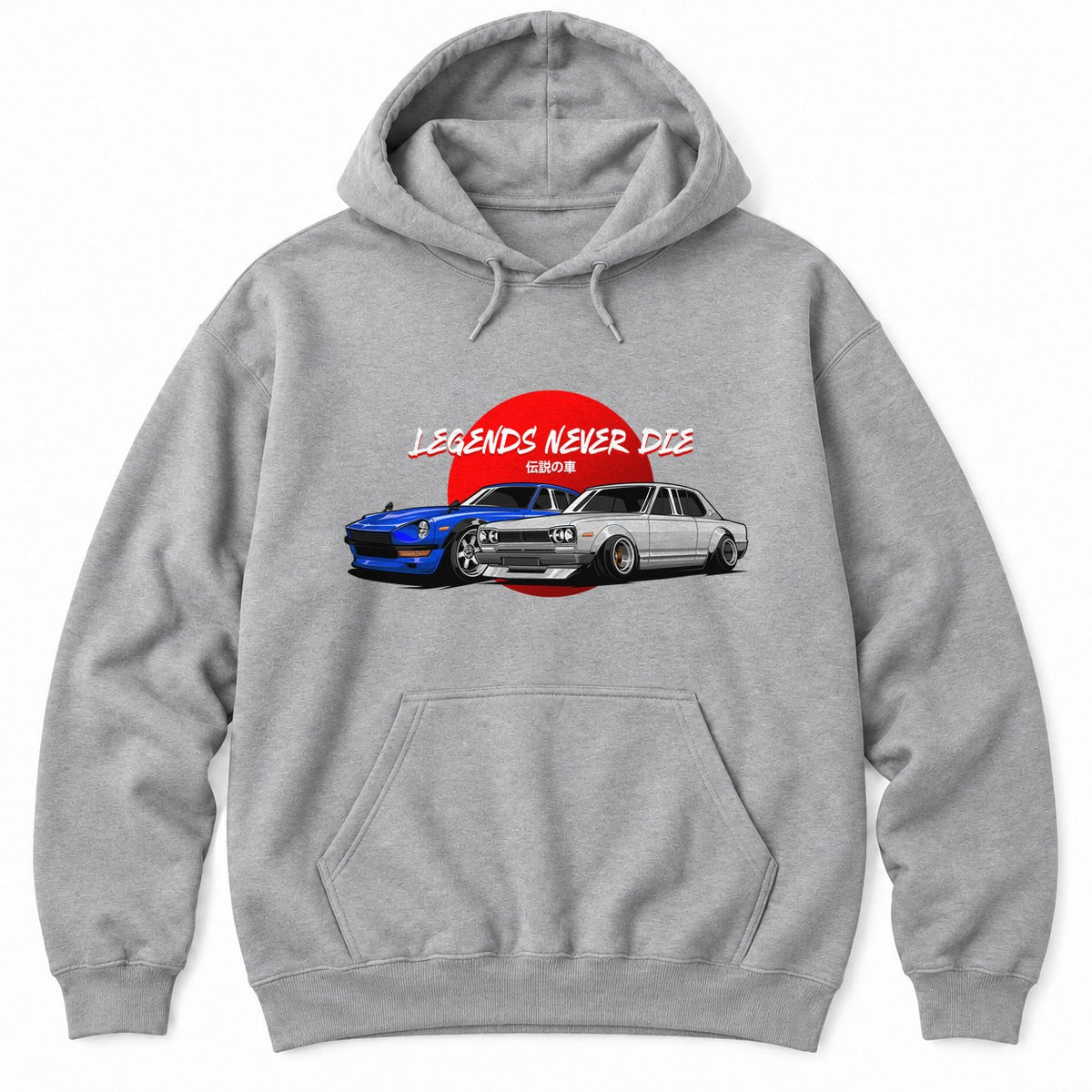 Athletic Heather hoodie with a blue and a silver classic Japanese car in front of a red rising sun under LEGENDS NEVER DIE