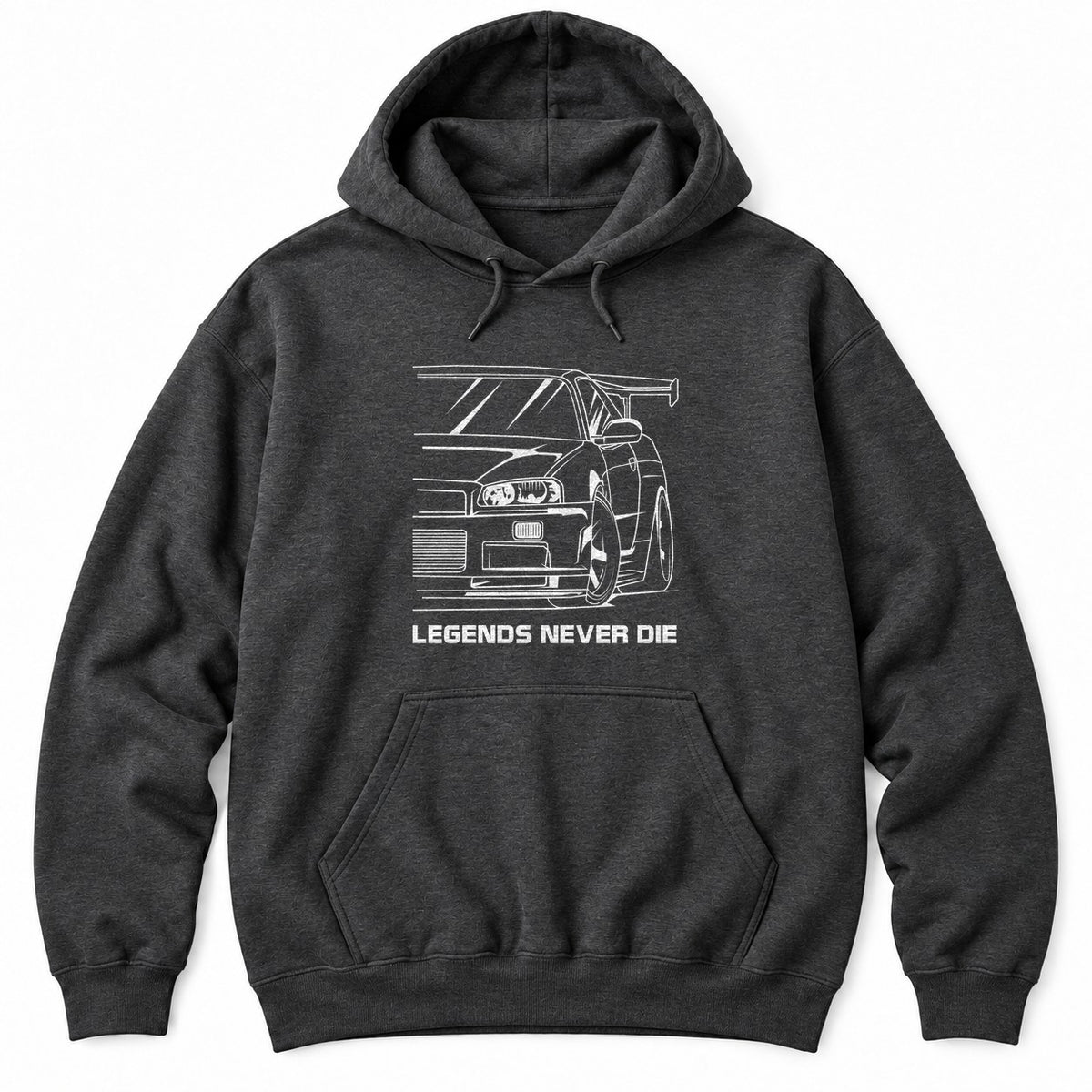 Dark Heather hoodie with a white line drawing of a 90s JDM sports car front end with a tall wing and LEGENDS NEVER DIE