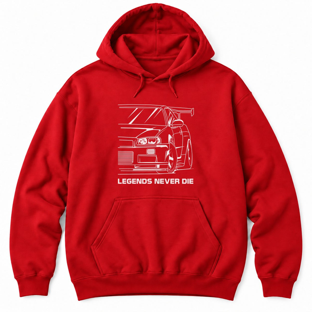 Red hoodie with a white line drawing of a 90s JDM sports car front end with a tall wing and LEGENDS NEVER DIE