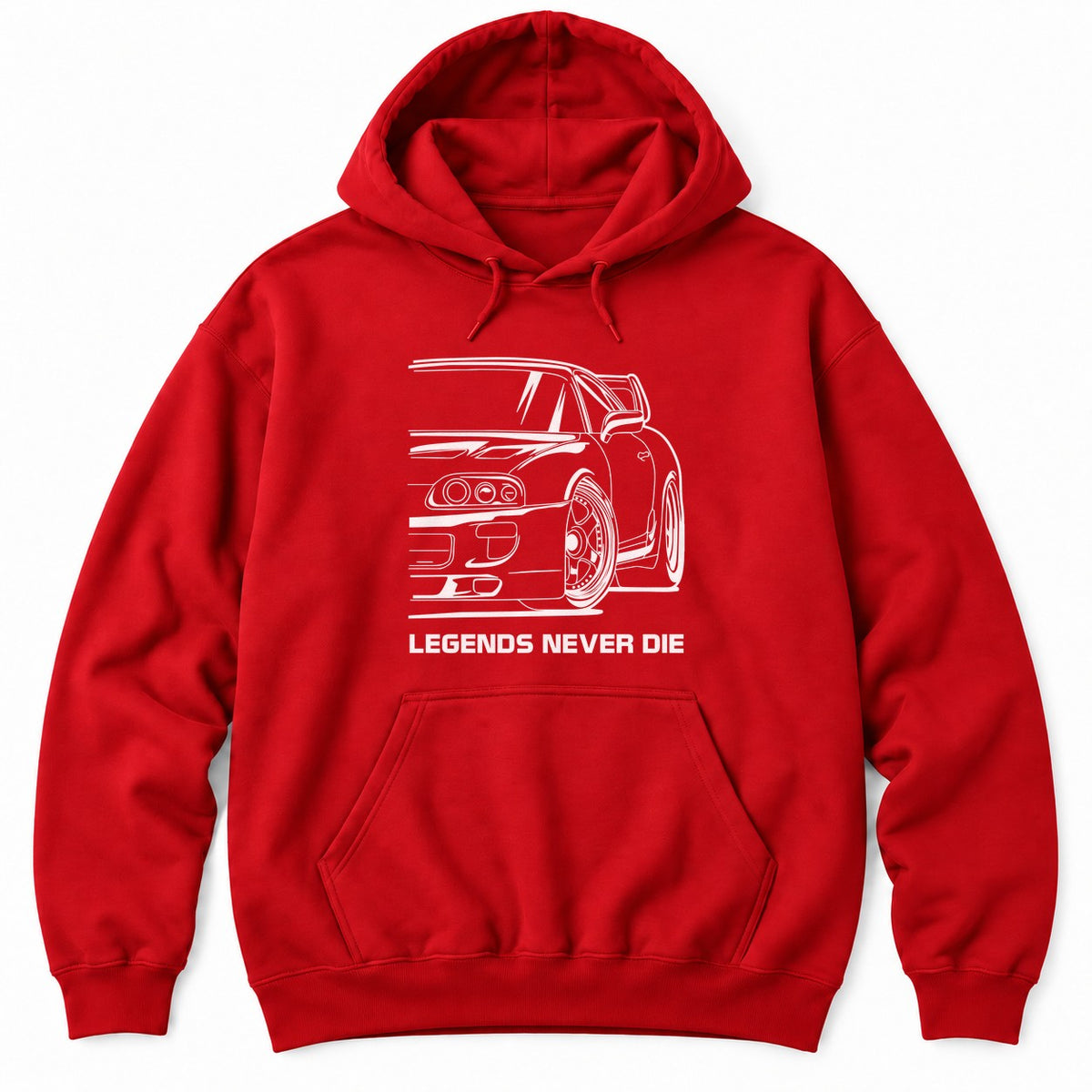 Red hoodie with a white line drawing of a 90s JDM sports car with triple round headlights and LEGENDS NEVER DIE
