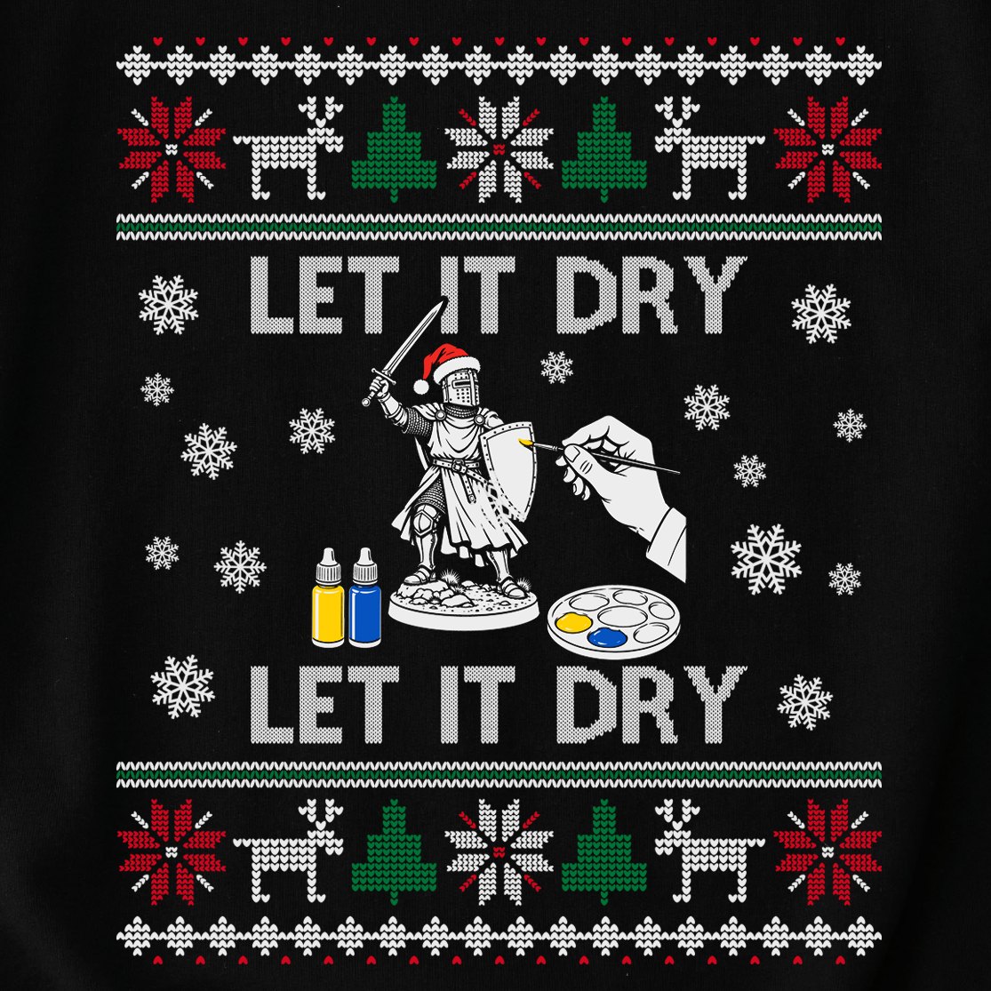 Close-up of the Let It Dry sweatshirt print: a knight miniature in a Santa hat getting his first coat, with knit bands of reindeer and trees