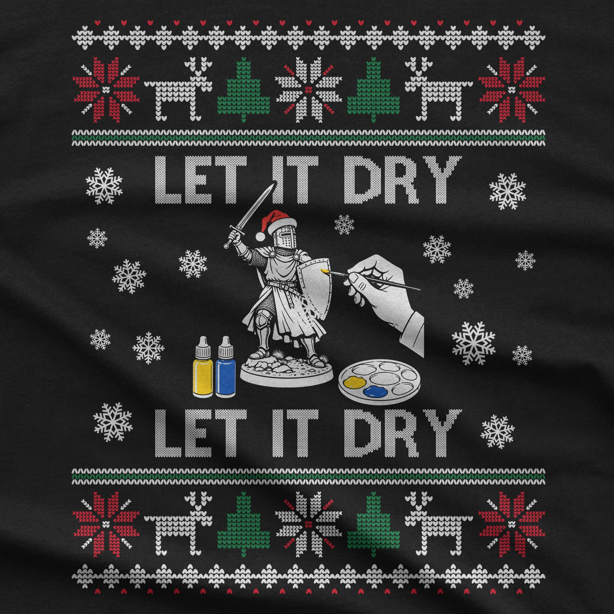 Close-up of the Let It Dry print: a knight miniature in a Santa hat, a brush hand, two paint pots and a palette between knit bands of reindeer and trees