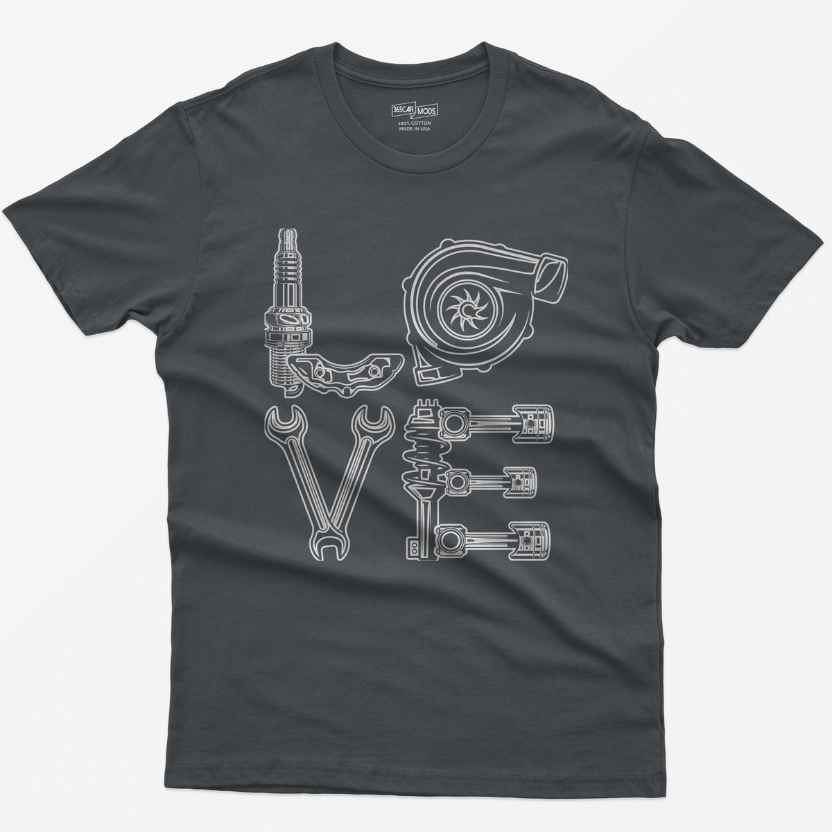 Charcoal t-shirt with white line art of the word LOVE made from a spark plug, brake caliper, turbo, wrenches, shock and pistons