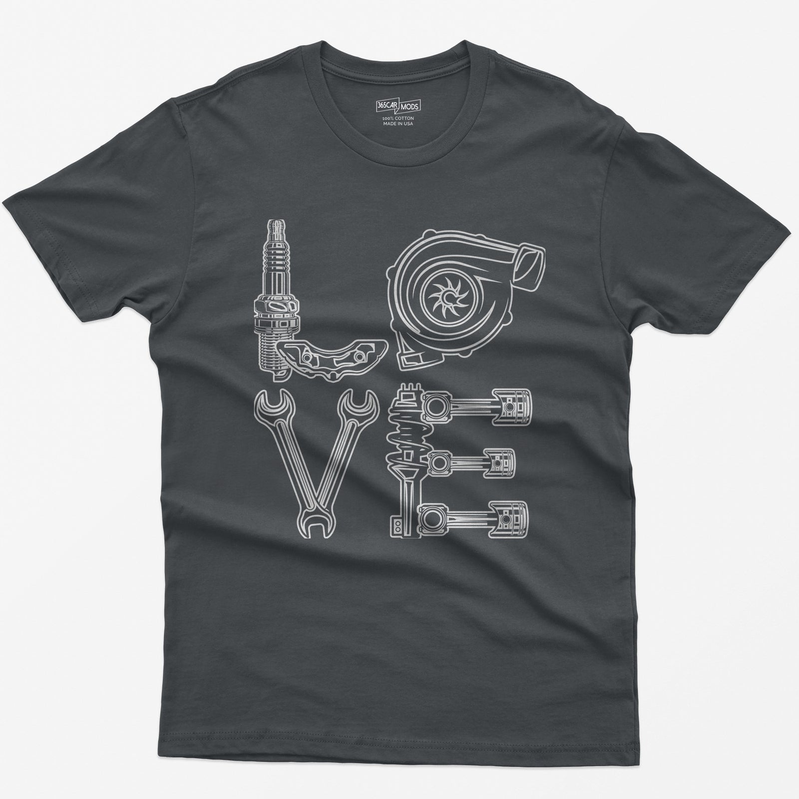 Charcoal t-shirt with white line art of the word LOVE made from a spark plug, brake caliper, turbo, wrenches, shock and pistons