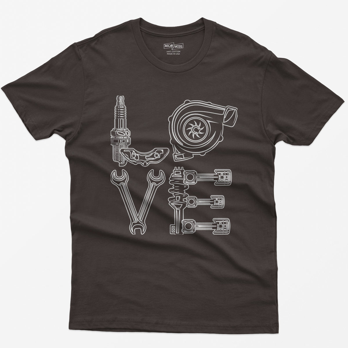 Dark Chocolate t-shirt with white line art of the word LOVE made from a spark plug, brake caliper, turbo, wrenches, shock and pistons