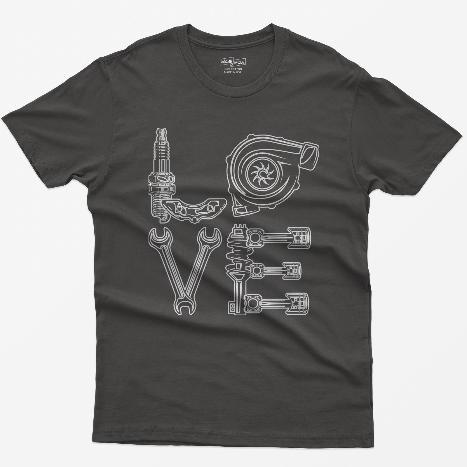 Dark Heather t-shirt with white line art of the word LOVE made from a spark plug, brake caliper, turbo, wrenches, shock and pistons