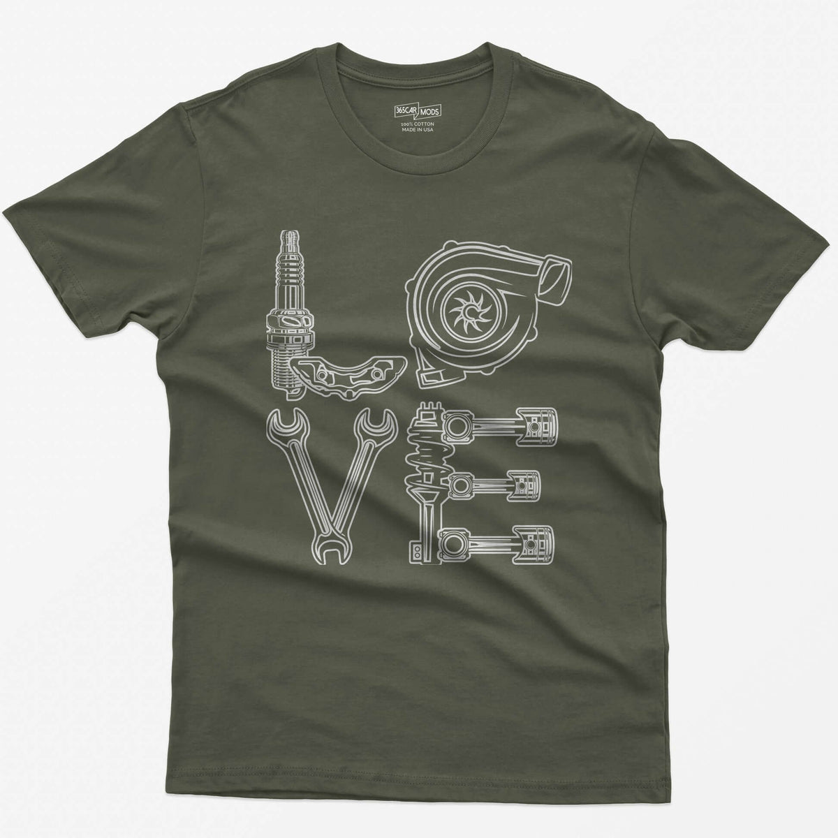 Military Green t-shirt with white line art of the word LOVE made from a spark plug, brake caliper, turbo, wrenches, shock and pistons