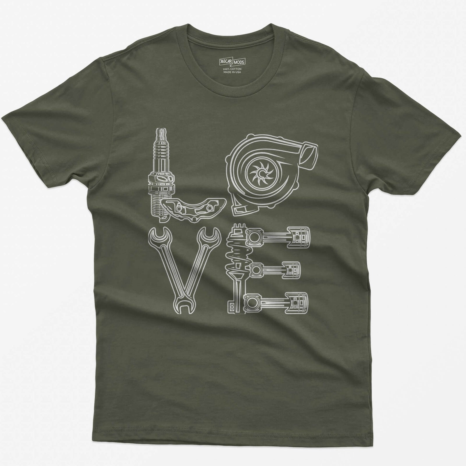 Military Green t-shirt with white line art of the word LOVE made from a spark plug, brake caliper, turbo, wrenches, shock and pistons
