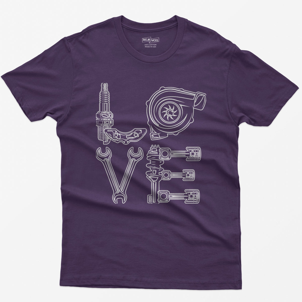 Purple t-shirt with white line art of the word LOVE made from a spark plug, brake caliper, turbo, wrenches, shock and pistons