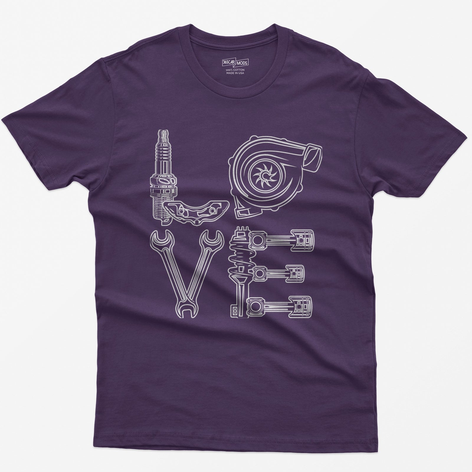 Purple t-shirt with white line art of the word LOVE made from a spark plug, brake caliper, turbo, wrenches, shock and pistons