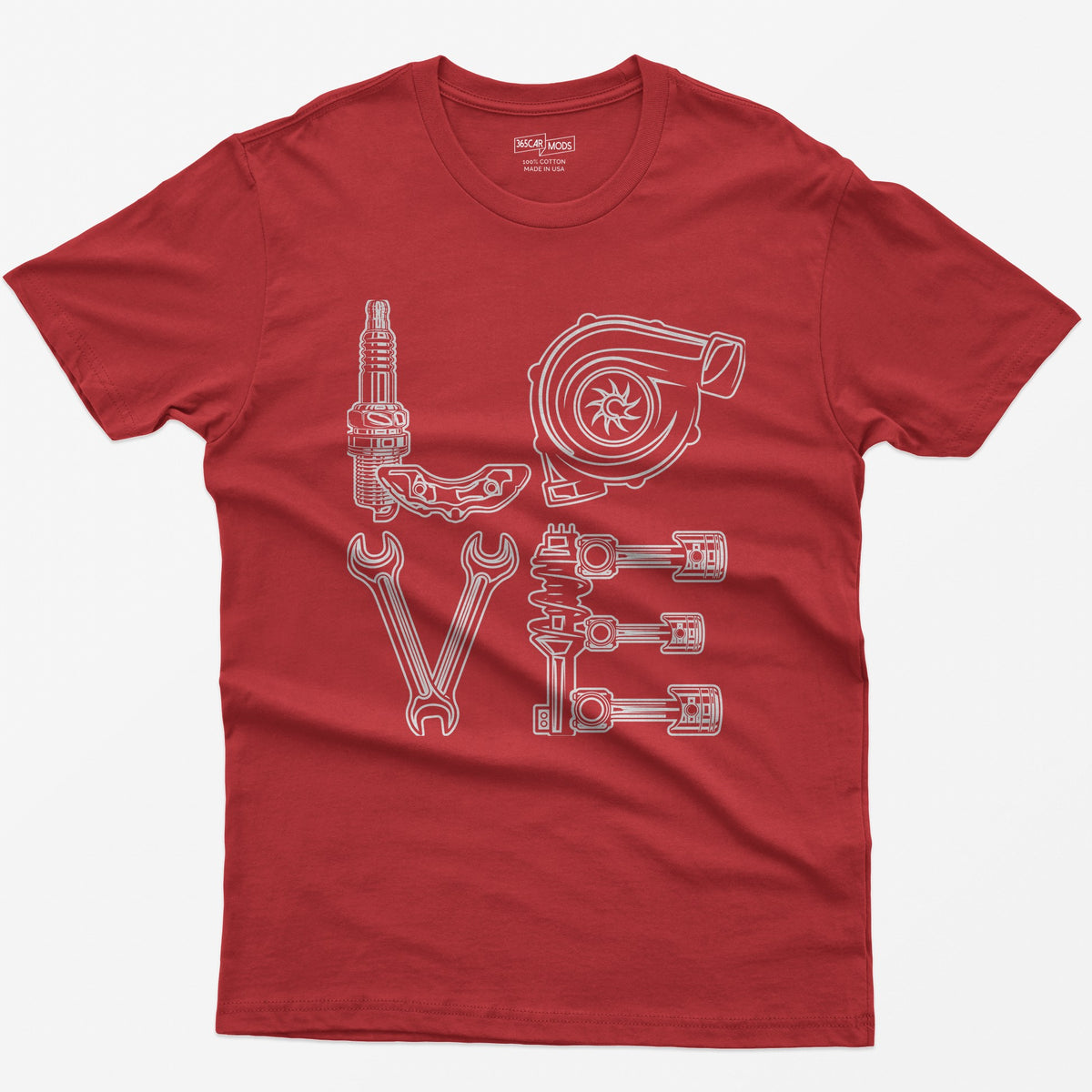 Red t-shirt with white line art of the word LOVE made from a spark plug, brake caliper, turbo, wrenches, shock and pistons
