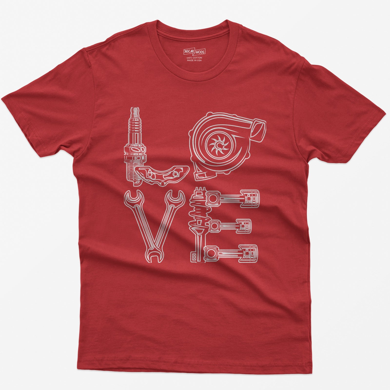 Red t-shirt with white line art of the word LOVE made from a spark plug, brake caliper, turbo, wrenches, shock and pistons