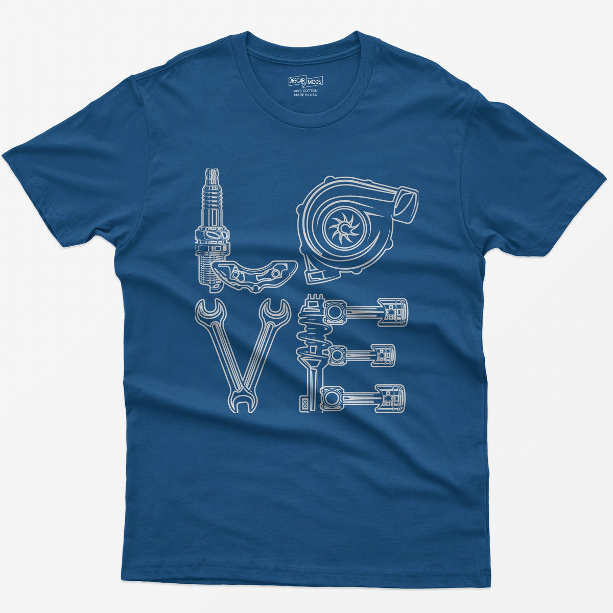 Royal t-shirt with white line art of the word LOVE made from a spark plug, brake caliper, turbo, wrenches, shock and pistons
