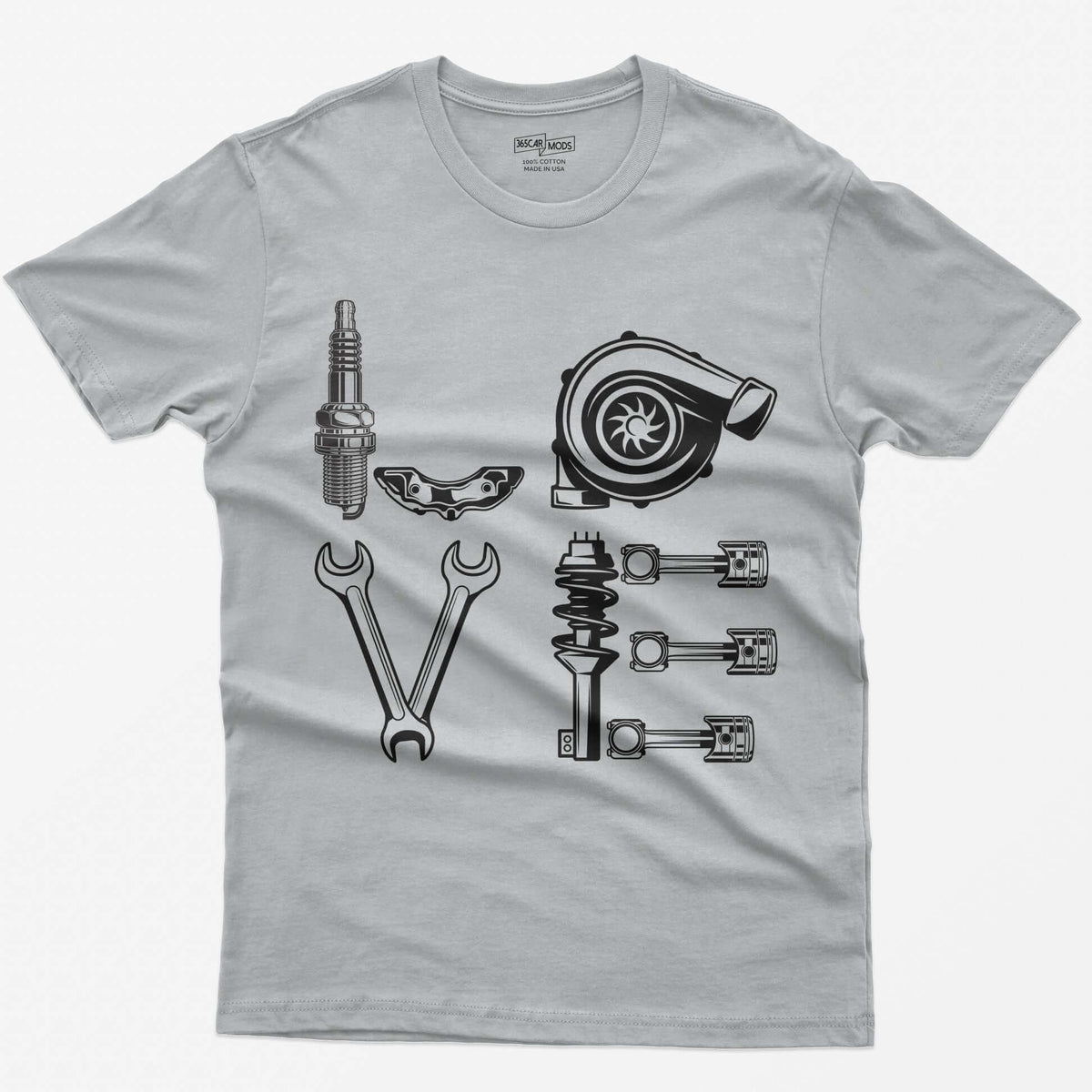 Sport Grey t-shirt with white line art of the word LOVE made from a spark plug, brake caliper, turbo, wrenches, shock and pistons