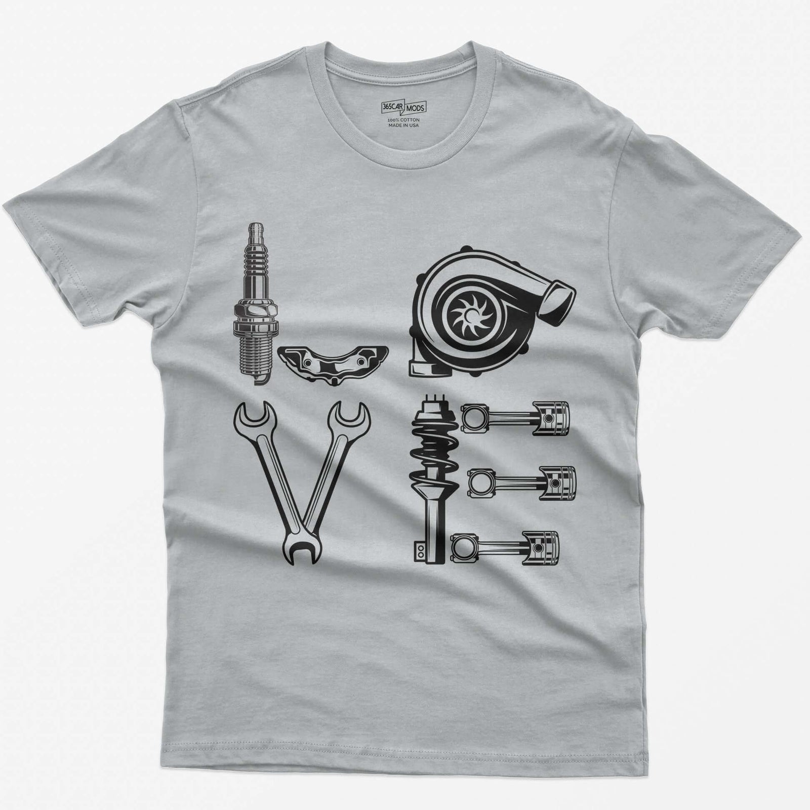 Sport Grey t-shirt with white line art of the word LOVE made from a spark plug, brake caliper, turbo, wrenches, shock and pistons