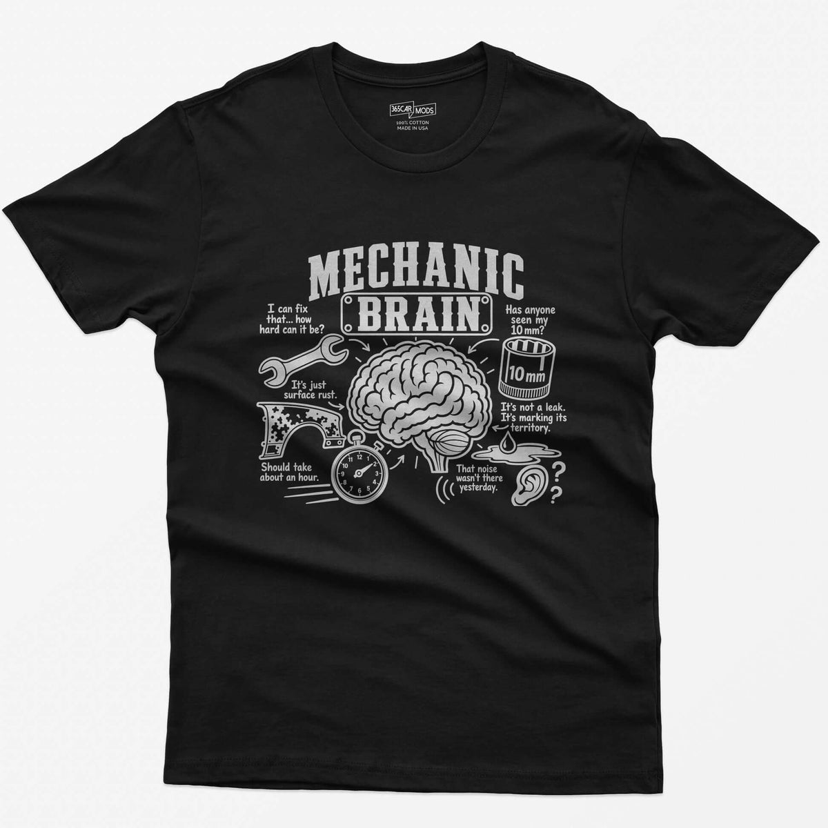 Black t-shirt with Mechanic Brain print: an illustrated brain ringed by a wrench, rusty fender, stopwatch and 10mm socket
