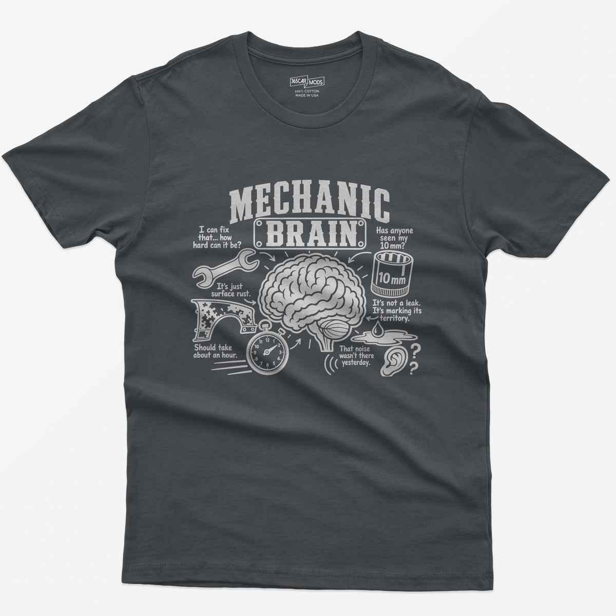 Charcoal t-shirt with Mechanic Brain print: an illustrated brain ringed by a wrench, rusty fender, stopwatch and 10mm socket