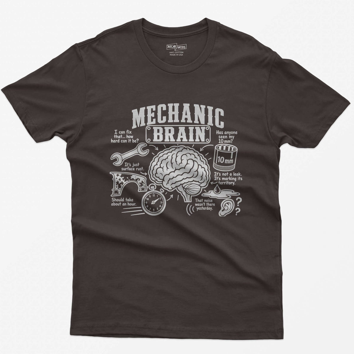 Dark Chocolate t-shirt with Mechanic Brain print: an illustrated brain ringed by a wrench, rusty fender, stopwatch and 10mm socket