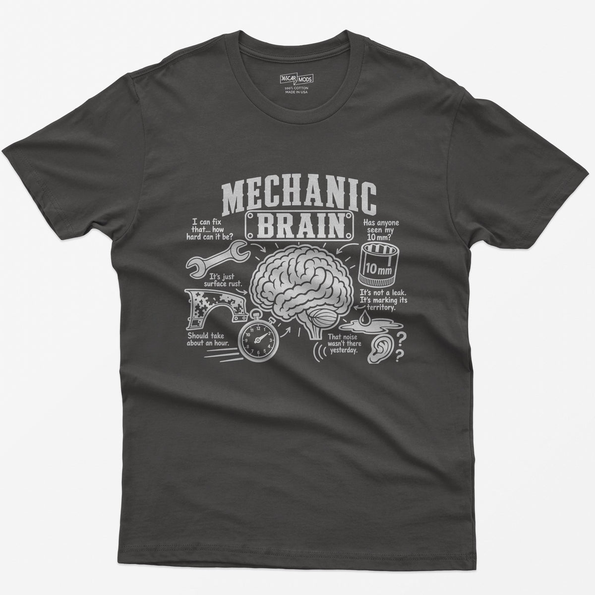 Dark Heather t-shirt with Mechanic Brain print: an illustrated brain ringed by a wrench, rusty fender, stopwatch and 10mm socket