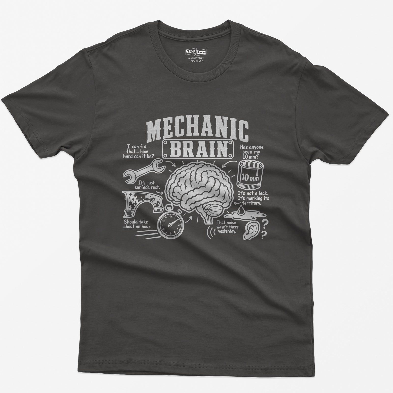 Dark Heather t-shirt with Mechanic Brain print: an illustrated brain ringed by a wrench, rusty fender, stopwatch and 10mm socket