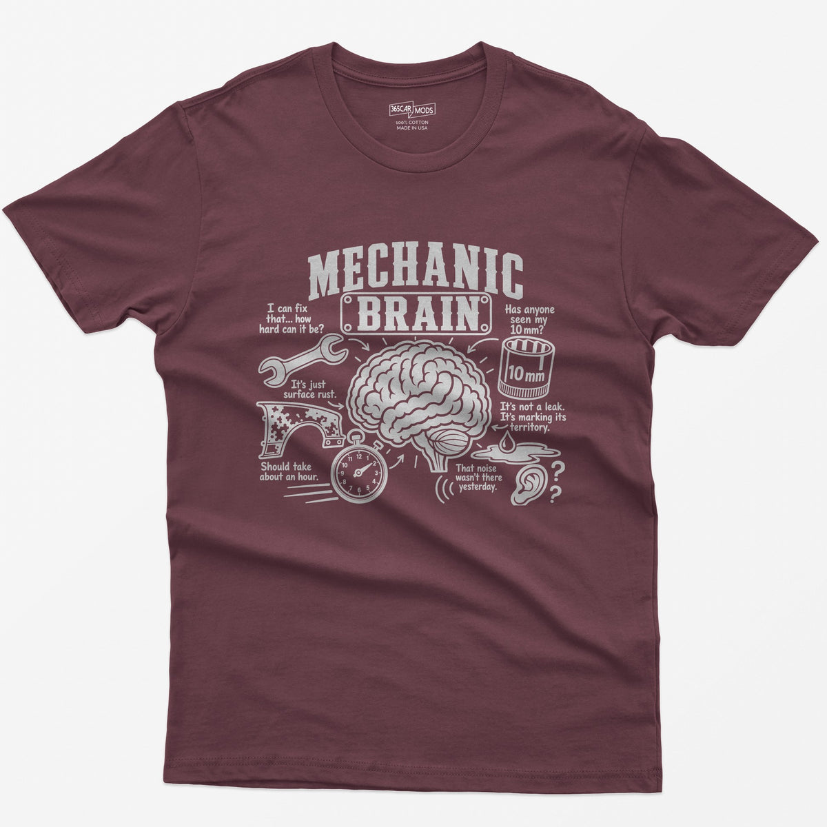 Maroon t-shirt with Mechanic Brain print: an illustrated brain ringed by a wrench, rusty fender, stopwatch and 10mm socket