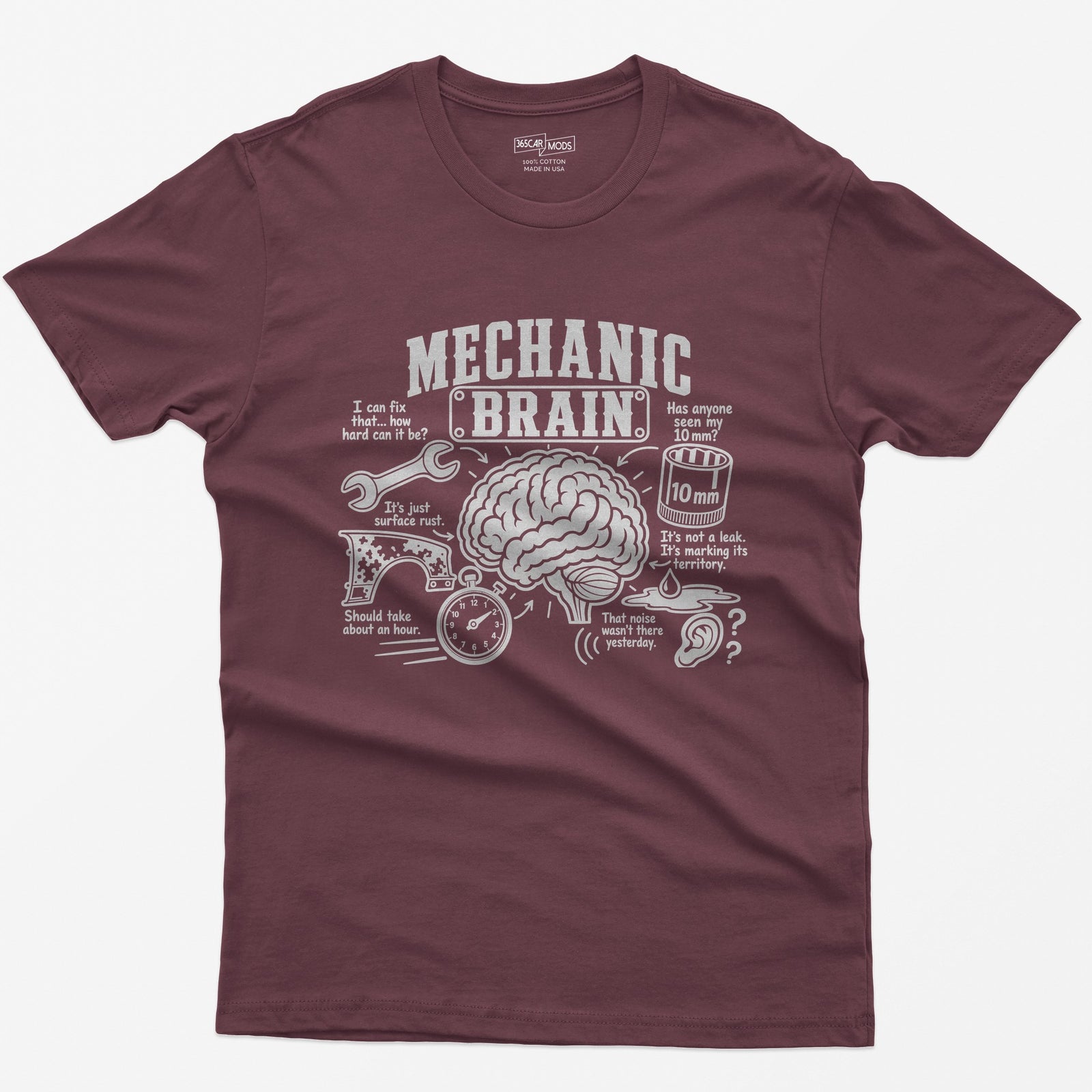 Maroon t-shirt with Mechanic Brain print: an illustrated brain ringed by a wrench, rusty fender, stopwatch and 10mm socket