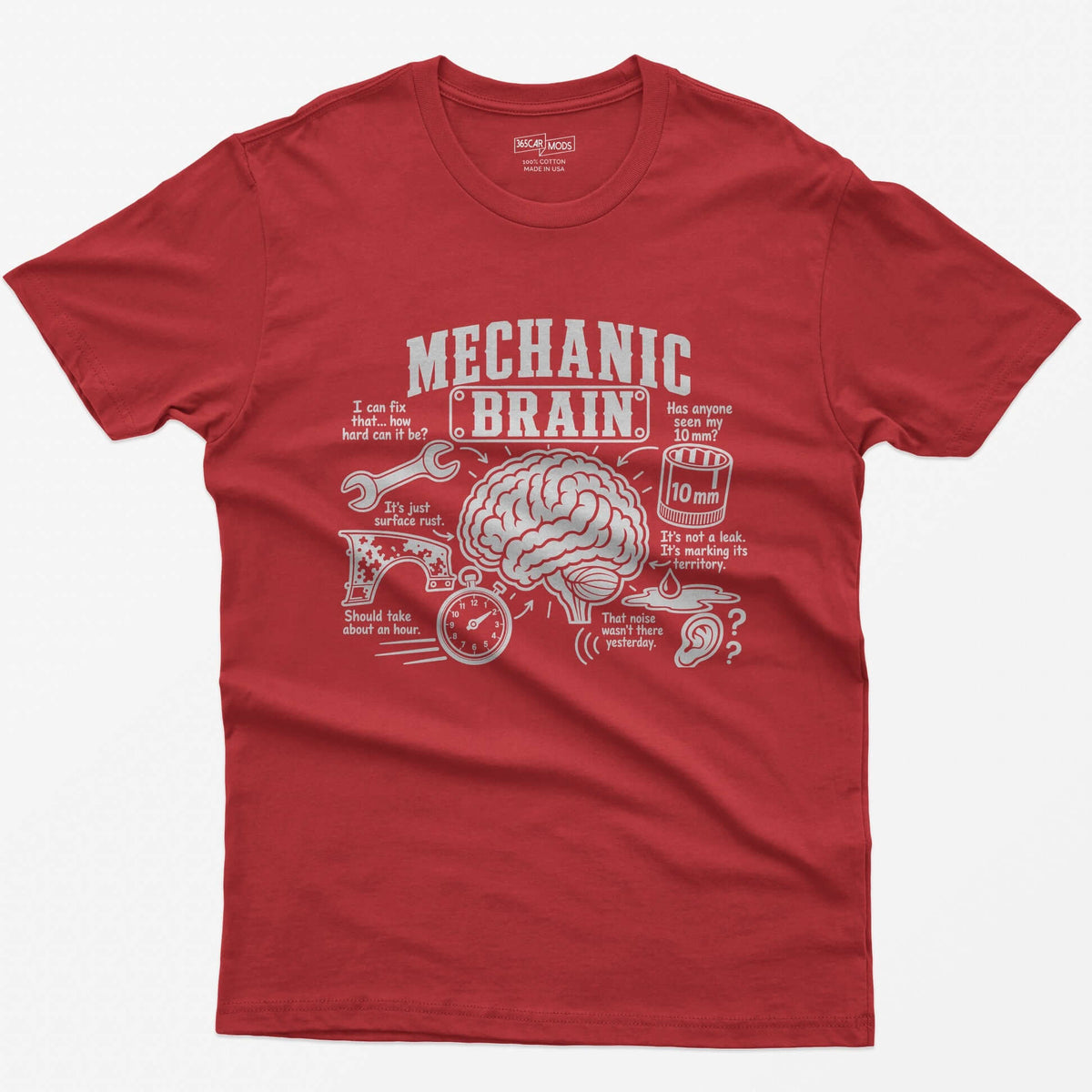 Red t-shirt with Mechanic Brain print: an illustrated brain ringed by a wrench, rusty fender, stopwatch and 10mm socket