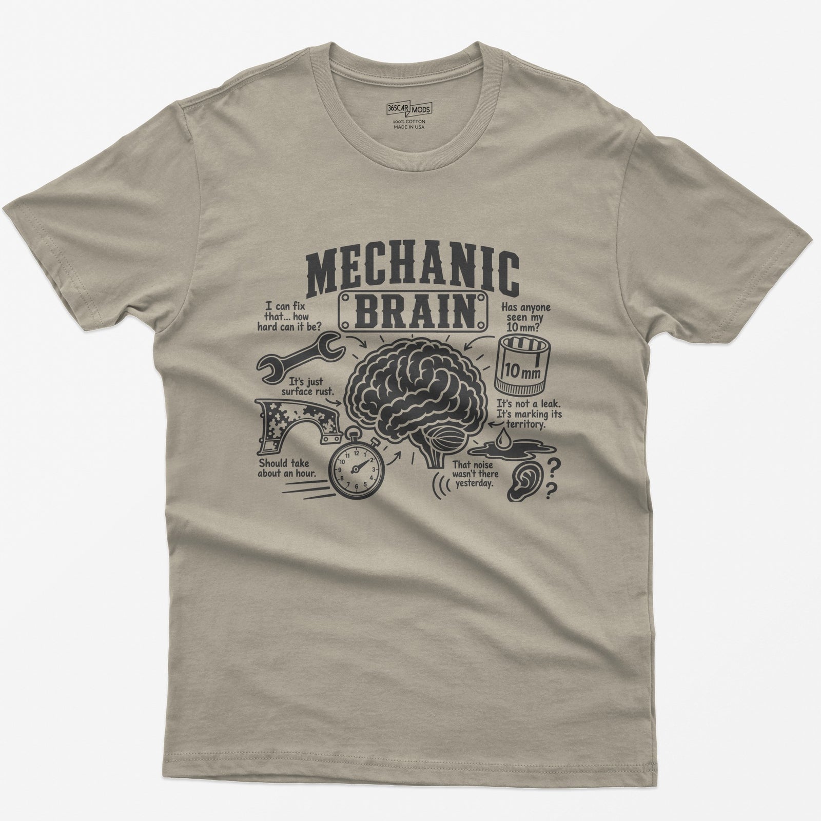 Sand t-shirt with Mechanic Brain print: an illustrated brain ringed by a wrench, rusty fender, stopwatch and 10mm socket