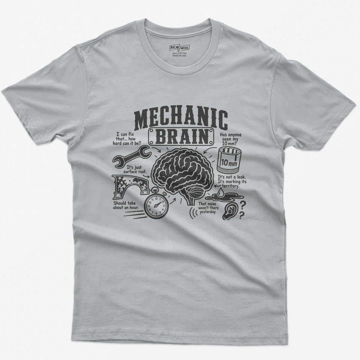 Sport Grey t-shirt with Mechanic Brain print: an illustrated brain ringed by a wrench, rusty fender, stopwatch and 10mm socket